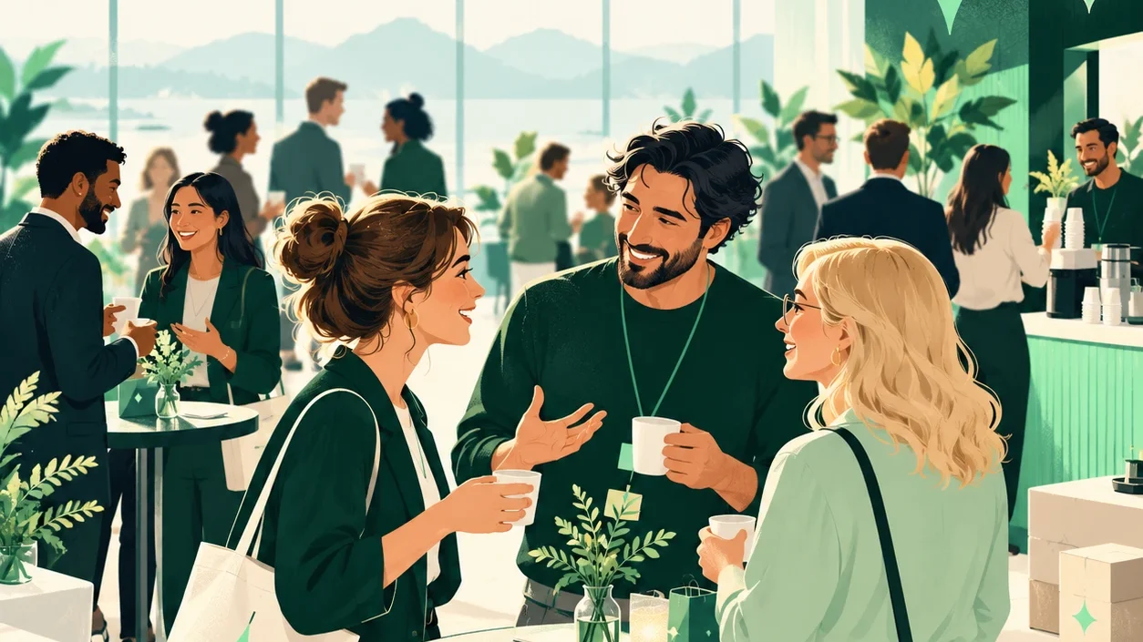 Illustration: deltagare som minglar med kaffe på en konferens