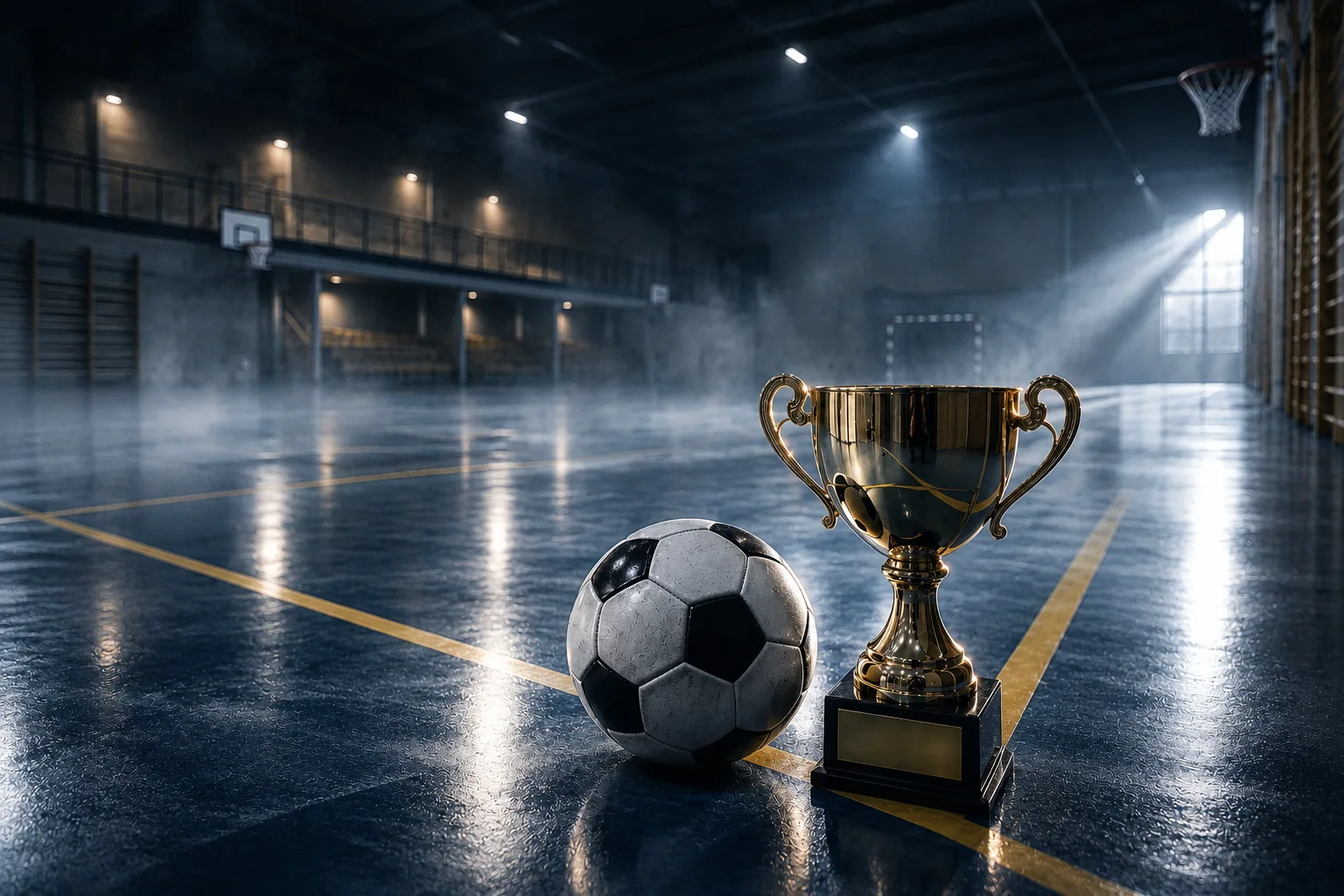 Fotboll och pokal på golvet i en idrottshall